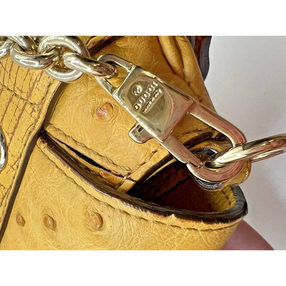 VINTAGE GUCCI Tom Ford Ostrich Leather Horsebit Flap Clutch Yellow Evening Bag - Picture 10 of 12